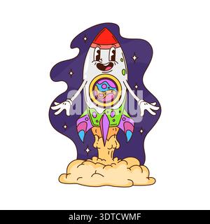 Fusée de vaisseau spatial groovy de dessin animé, personnage hippie Illustration de Vecteur
