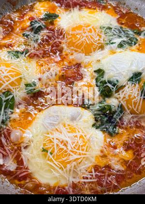 Oeufs Shakshuka avec sauce tomate, fromage et herbes Banque D'Images