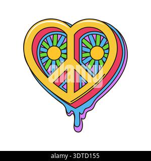 Cartoon groovy Hippie coeur de paix avec des fleurs Illustration de Vecteur