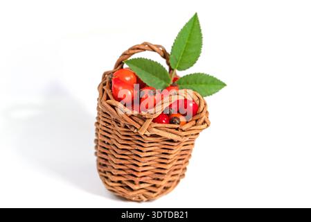 Hanches roses dans un panier sur un fond blanc Banque D'Images