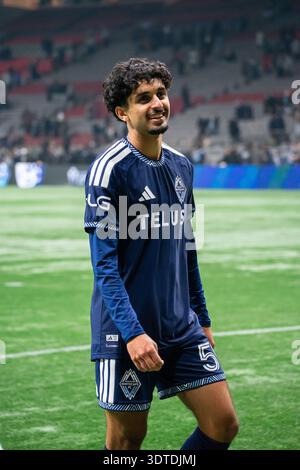 Vancouver, Canada. 21 février 2026. Jeevan Badwal (59 Vancouver Whitecaps FC) sourit après avoir remporté le match de soccer de la Ligue majeure entre Vancouver Whitecaps FC et Real Salt Lake au BC place Stadium à Vancouver, Colombie-Britannique, Canada (USAGE ÉDITORIAL SEULEMENT). Crédit : SPP Sport Press photo. /Alamy Live News Banque D'Images