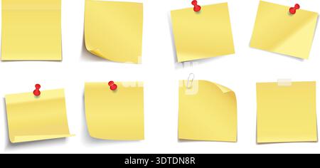 Ensemble de notes adhésives réalistes isolé sur fond blanc, collection de post-it avec ombre douce, feuilles de papier de rappel colorées, bloc-notes de bureau St. Illustration de Vecteur