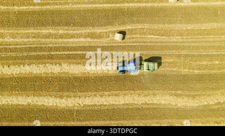 Vue de dessus du tracteur tirant une ramasseuse-presse à balles rondes, machine qui enroule la paille et recrache une balle ronde emballée sur un champ agricole Banque D'Images