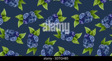 Modèle sans couture de myrtille sur fond bleu foncé, baies et feuilles d'aquarelle peintes à la main. Élégante répétition botanique pour un emballage haut de gamme Banque D'Images