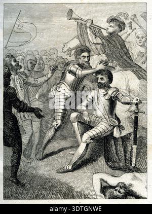 Henry Tudor, 2e comte de Richmond, couronné roi Henri VII d'Angleterre à la bataille de Bosworth Field, 1485 - Henri Tudor (1457-1509) (Henri VII) couronne après la bataille de Bosworth. Gravure tirée de l'histoire de l'Angleterre : des temps les plus anciens à la mort de George II. Par Dr Goldsmith - 1824' Banque D'Images