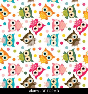 Joli motif sans couture d'oiseau coloré avec des hiboux et des points pour les dessins de papeterie et les vêtements d'enfants Illustration de Vecteur
