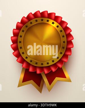 Médaille d'or réaliste avec ruban rouge et étoiles. Un symbole de qualité et de succès. Illustration vectorielle Illustration de Vecteur