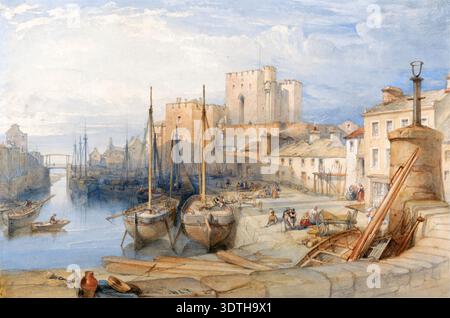 Une image aquarelle, gouache et stylo encre noire Castletown Harbour Isle of Man 19th Century skyline by William Leighton Leitch historique perspective d'art aquarelle art ancienne impression historique vue générale historique vintage Banque D'Images