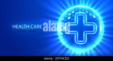 Fond abstrait de soins de santé avec un symbole de croix médicale incandescente sur un fond bleu vif. Illustration vectorielle Illustration de Vecteur