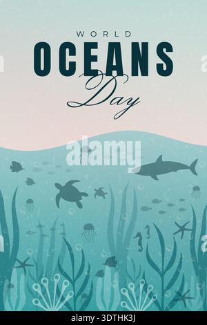Affiche de la Journée mondiale des océans avec illustration vectorielle de silhouettes de faune sous-marine. Illustration de Vecteur