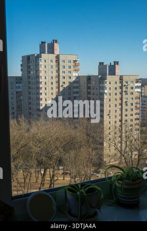 Deux blocs d'appartements préfabriqués de l'ère soviétique avec balcons orange se dressent derrière un petit parc d'arbres sans feuilles, vus devant des plantes en pot sur un seuil en lumineux Banque D'Images