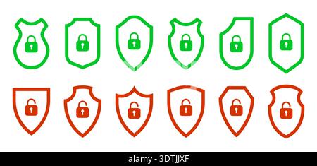 Ensemble d'icônes de bouclier avec des symboles de verrouillage et de déverrouillage dans des contours verts et rouges. Différentes formes de boucliers avec cadenas, idéales pour représenter la sécurité Illustration de Vecteur