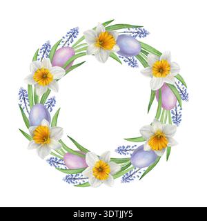 Couronne de Pâques aquarelle avec jonquilles blanches, muscari bleu, feuilles vertes et œufs pastel disposés en cercle. Idéal pour les cartes de vœux, invitations Banque D'Images