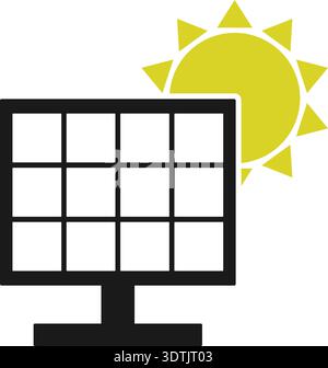 Panneau solaire affichant des cellules solaires au premier plan avec l'icône du soleil en arrière-plan comme source d'énergie. Illustration de Vecteur