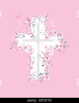 Croix religieuse avec fleurs de sakura et papillons. Dessiné à la main. Pas ai, illustration vectorielle. Il est ressuscité Illustration de Vecteur