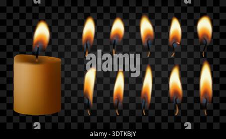Effet de lumière vecteur de feu, isolé sur bg transparent foncé. bougie réaliste de noël blanche 3d. Flammes incandescentes, ensemble de mèche allumée. Mémoire de cire brûlante Illustration de Vecteur