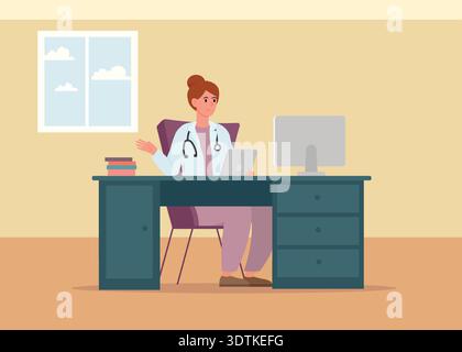Femme médecin au bureau fournit des consultations à son patient via Internet en utilisant un ordinateur portable. Jeune femme médecin en manteau blanc fonctionne. Illustration de Vecteur