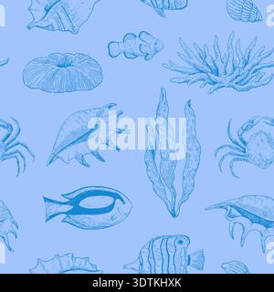 Élégant motif sans couture avec des coraux, des algues et des créatures sous-marines, des coquillages et des poissons. Illustration vectorielle dessinée à la main. Illustration de Vecteur