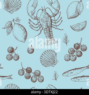 Motif sans couture avec des fruits de mer méditerranéens dans un style rétro esquissé. Illustration monochrome dessinée à la main côtière italienne. Illustration de Vecteur