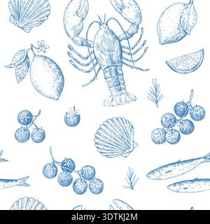 Motif sans couture avec des fruits de mer méditerranéens dans un style rétro esquissé. Illustration monochrome dessinée à la main côtière italienne. Illustration de Vecteur