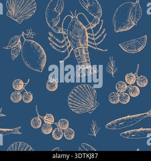 Motif sans couture avec des fruits de mer méditerranéens dans un style rétro esquissé. Illustration monochrome dessinée à la main côtière italienne. Illustration de Vecteur