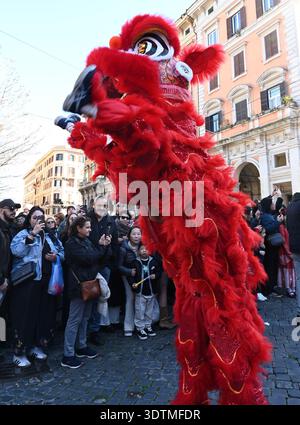 Rome, Italie. 22 février 2026. Les gens exécutent la danse du lion lors d'un défilé du nouvel an chinois à Rome, Italie, le 22 février 2026. Crédit : ELISA Lingria/Xinhua/Alamy Live News Banque D'Images