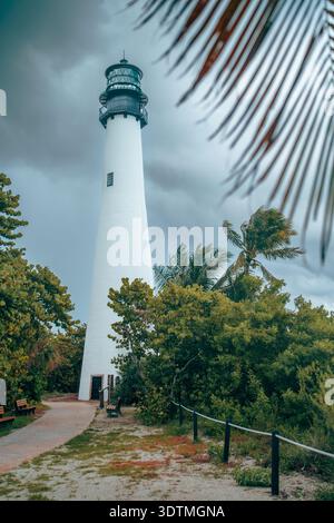 Cape Florida Lighthouse Tour blanche vue à travers des feuilles de palmier tropicales floues contre un ciel gris couvert à Key Biscayne, Floride. Banque D'Images