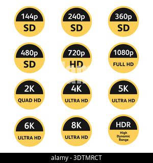 Icônes circulaires de qualité vidéo montrant SD, HD, Full HD, 2K, 4K, résolutions 5K, 6K, 8K et HDR sur fond blanc Illustration de Vecteur