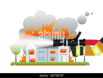 Pompier pulvérisant de l'eau pour éteindre le feu sur le bâtiment en feu ou la maison en feu. Illustration vectorielle. Illustration de Vecteur