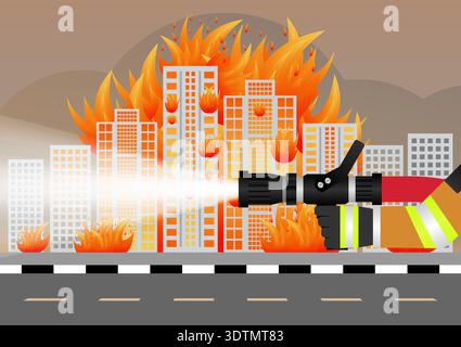 Pompier pulvérisant de l'eau pour éteindre le feu sur le bâtiment en feu ou la maison en feu. Illustration vectorielle. Illustration de Vecteur