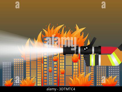 Pompier pulvérisant de l'eau pour éteindre le feu sur le bâtiment en feu ou la maison en feu. Illustration vectorielle. Illustration de Vecteur