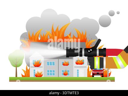 Pompier pulvérisant de l'eau pour éteindre le feu sur le bâtiment en feu ou la maison en feu. Illustration vectorielle. Illustration de Vecteur