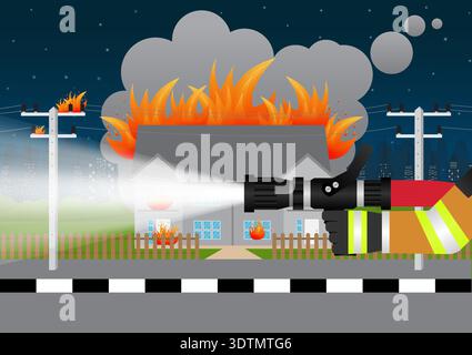 Pompier pulvérisant de l'eau pour éteindre le feu sur le bâtiment en feu ou la maison en feu. Illustration vectorielle. Illustration de Vecteur