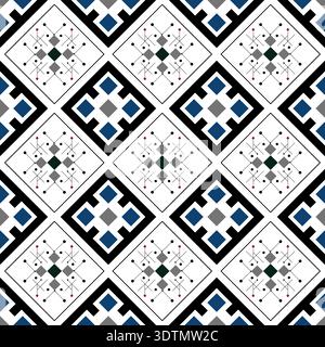 Modèle sans couture vectoriel avec des motifs tribus géométriques, des formes de losange bleu et noir sur fond blanc Illustration de Vecteur