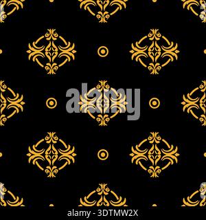 Élégant motif vectoriel sans couture avec des motifs damassés floraux dorés et des cercles sur un fond noir premium Illustration de Vecteur