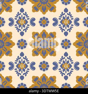Élégant motif sans couture avec des motifs floraux bleus et dorés, inspiré par l'art textile ethnique et céramique Illustration de Vecteur