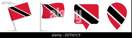 Collection d'icônes de drapeau de Trinité-et-Tobago avec drapeau agitant sur le poteau et symboles d'épingle d'emplacement. Emblème national des Caraïbes isolé sur fond blanc Illustration de Vecteur