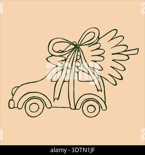 Illustration joyeuse d'une voiture portant un sapin de Noël festif avec un arc sur son toit. Illustration de Vecteur