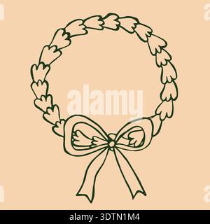 Une couronne de pin vert luxuriant joliment décorée avec un grand noeud en bas, sur un fond crème doux. Illustration de Vecteur
