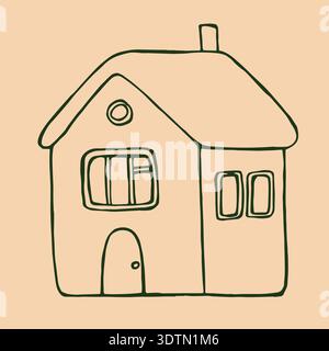 Une charmante maison verte avec une porte accueillante et des fenêtres confortables, sur un fond crème doux. Illustration de Vecteur