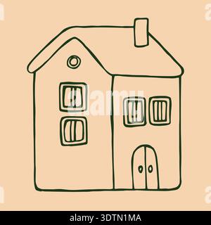 Une charmante maison verte avec une porte accueillante et des fenêtres confortables, sur un fond crème doux. Illustration de Vecteur