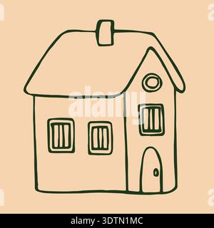 Une charmante maison verte avec une porte accueillante et des fenêtres confortables, sur un fond crème doux. Illustration de Vecteur