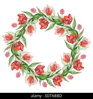 Couronne aquarelle élégante faite de tulipes rouges vibrantes et de feuilles vertes fraîches. Ce cadre circulaire floral peint à la main est parfait pour le mariage de printemps Banque D'Images