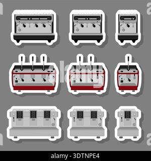 Illustration sur le thème grand ensemble de couleur différents types machine à café, différentes tailles de fabricants, modèle de machine à café composé d'accessoire de collection Illustration de Vecteur