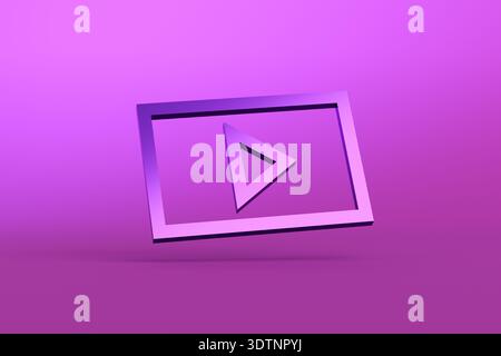 Bouton de lecture violet flottant à l'intérieur d'un écran encadré sur un fond rose symbolisant le multimédia, le streaming et le divertissement Banque D'Images