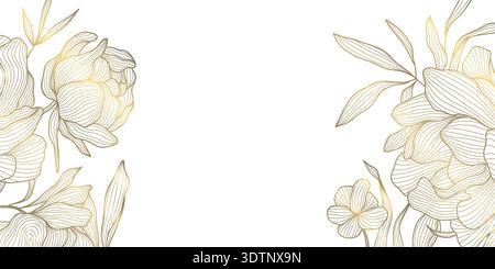 Motif floral élégant avec pivoine de ligne d'or et feuilles sur fond blanc. Illustration vectorielle de luxe ornement chinois et japonais, vintage et Illustration de Vecteur