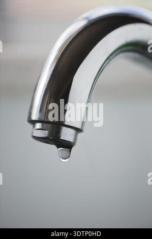 L'eau qui goutte du robinet de cuisine en acier inoxydable Banque D'Images