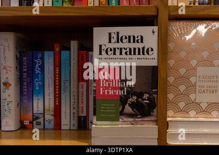 Un gros plan d'une littérature populaire 'My Brilliant Friend' par Elena Ferrante, sur une étagère de librairie. Banque D'Images