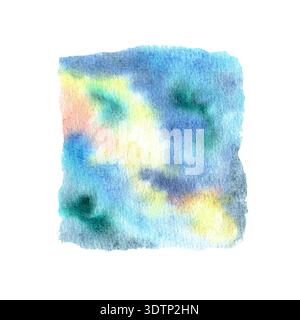 Aquarelle abstraite avec un mélange de bleu, jaune, vert et rose sur un fond texturé créant une composition artistique sereine et apaisante Banque D'Images