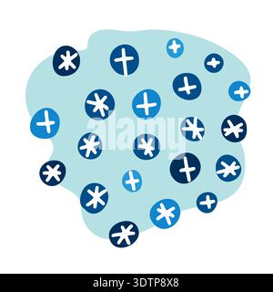 Doodle flocons de neige et étoiles dispersés au hasard. Symboles d'hiver dessinés à la main isolés sur fond blanc. Éléments festifs minimaux pour la conception de Noël, Illustration de Vecteur